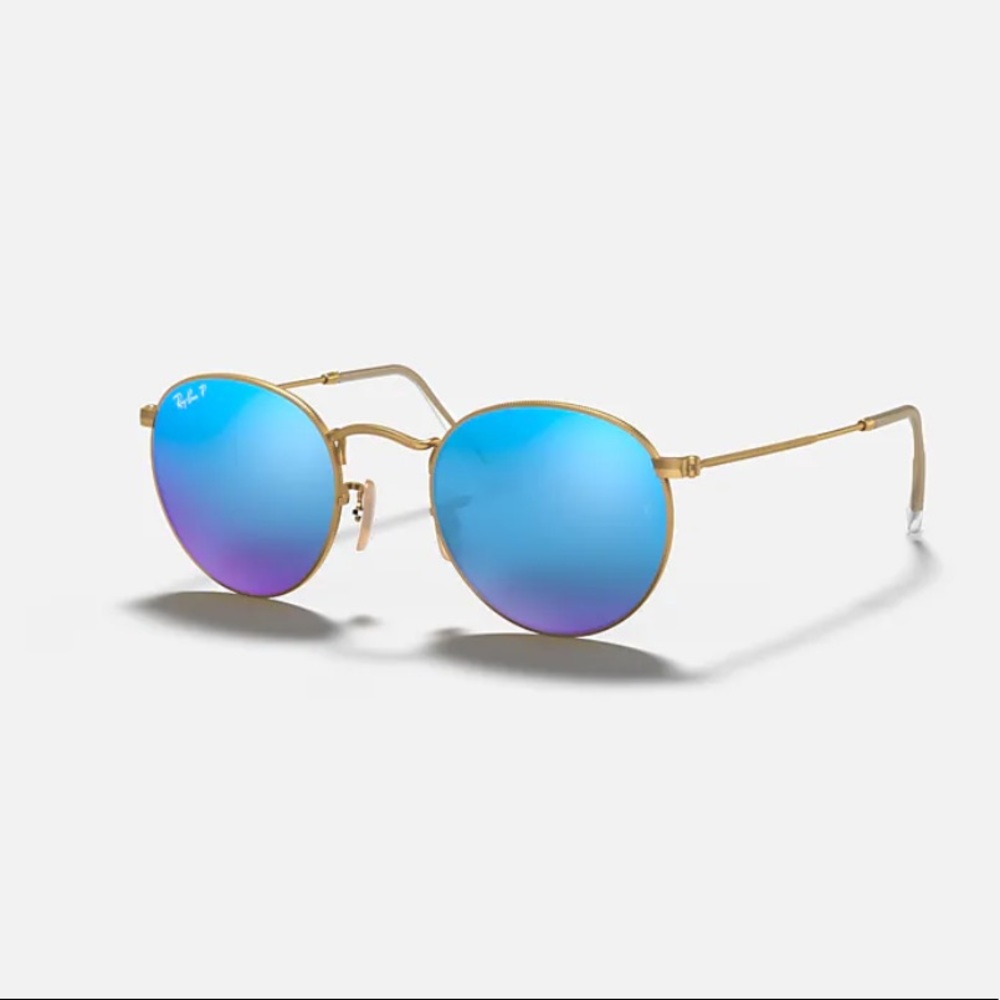 Ray-Ban Round Flash Sunglasses, Polarizes Blue lenses with Gold Frame -Stunning!